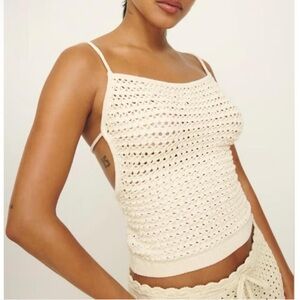 Reformation Heidi Open Knit Cream Crochet Spaghetti-Strap Tank in Horchata